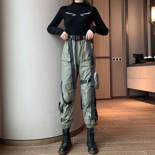 Long-sleeve Mock Neck T-shirt / Harem Cargo Pants / Set