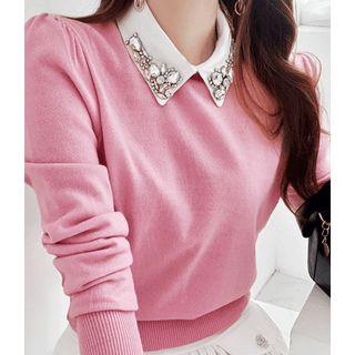 Rhinestone-collar Knit Top