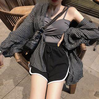 Plain Camisole Top / Checked Oversize Shirt / Contrast Trim Drawstring Sweatshorts