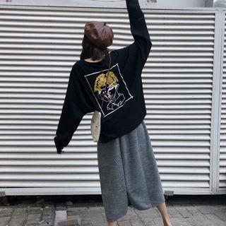 Long-sleeve Face Print T-shirt/ Midi A-line Skirt