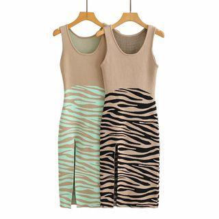 Zebra Print Knit Midi Sheath Tank Dress