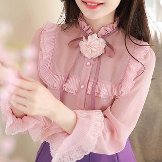 Beribboned Laced Pleated-trim Blouse