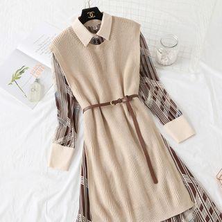 Set: Patterned Long-sleeve Midi A-line Dress + Knit Vest
