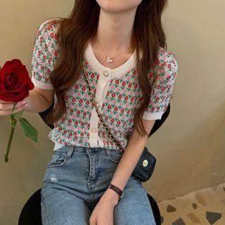 Floral Print Short-sleeve Cardigan White - One Size