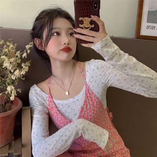 Floral Print Long-sleeve Slim-fit Top / Sleeveless Dress