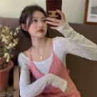 Floral Print Long-sleeve Slim-fit Top / Sleeveless Dress