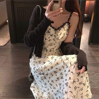 Spaghetti Strap Floral Print Mini A-line Dress / Cardigan / Set