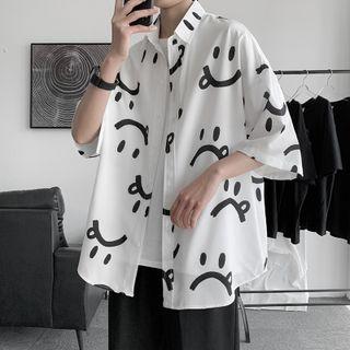 Elbow-sleeve Smiley Face Print Shirt