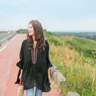 3/4-sleeve Embroidered Long Empire Top