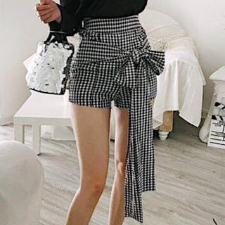 Plaid High-waist Bow-knot Shorts Black & White - One Size