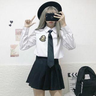 Long-sleeve Shirt / Pleated Mini Skirt