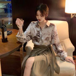 Long-sleeve Print Shirt / Slit-side A-line Skirt