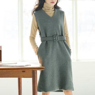 V-neck Knitted Pinafore Dress / Turtleneck Long-sleeve T-shirt