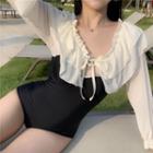 Bell-sleeve Ruffled Two-tone Swimsuit