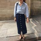 Long-sleeve Striped Shirt / Buttoned Midi Skirt