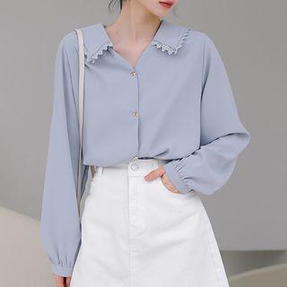 Long-sleeve V-neck Lace Trim Shirt