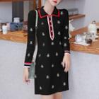 Bug Embroidered Long-sleeve Mini Knit Collared Dress