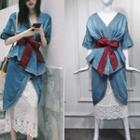 Elbow-sleeve Washed Denim Dress / Straight Fit Midi Lace Skirt