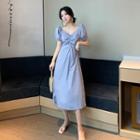 Puff-sleeve Shirred Front Plain A-line Dress Blue - One Size