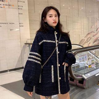 Contrast Trim Stand Collar Woolen Jacket