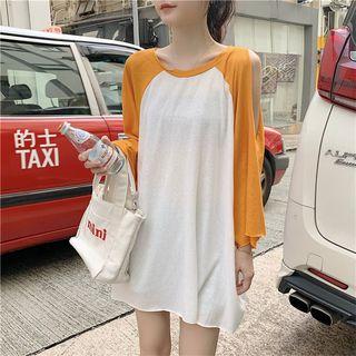 Color-block Cutout Long-sleeve Loose-fit T-shirt