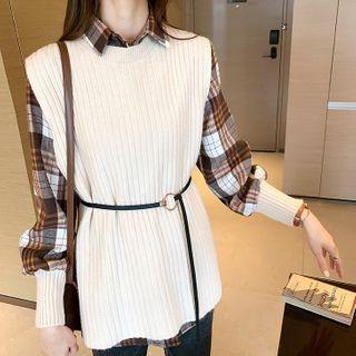 Set: Plain Vest + Plaid Long Sleeve Shirt