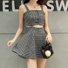 Wide-strap Plaid Cut Out A-line Dress