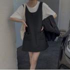 Sleeveless U-neck Plain Tweed Jumper Skirt Black - One Size