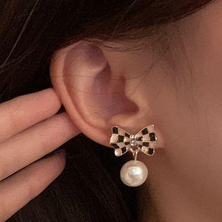 Bow Chenille Faux Pearl Dangle Earring