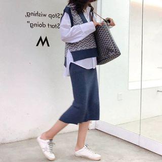 Set: Long-sleeve Shirt + Knit Vest + Midi Fitted Skirt