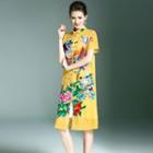 Floral Embroidered Frog Button Short-sleeve Long Jacket