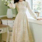 Long-sleeve Frog Buttoned Midi A-line Lace Dress