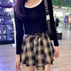 Long-sleeve Two Tone Crop Top / Plaid Skort
