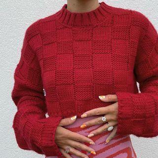 Long Sleeve Loose-fit Plaid Sweater
