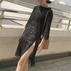 3/4-sleeve Slit Lace Dress