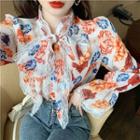Bell-sleeve Floral Printed Tie-neck Blouse
