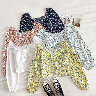 Floral Lace-trim Square-neck Long-sleeve Top