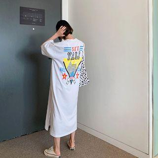 Slit-side Printed Long T-shirt Dress