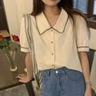 Lapel Puff-sleeve Shirt Top Almond - One Size