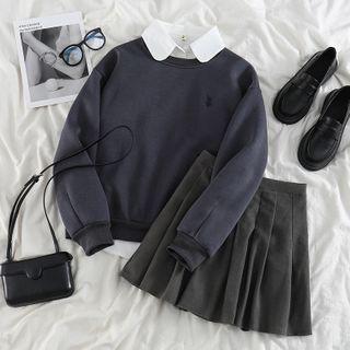 Long-sleeve Shirt / Embroidered Sweatshirt / Pleated Mini A-line Skirt
