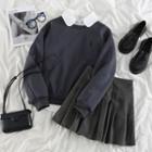 Long-sleeve Shirt / Embroidered Sweatshirt / Pleated Mini A-line Skirt