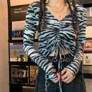 Tiger Print Drawstring Long-sleeve T-shirt