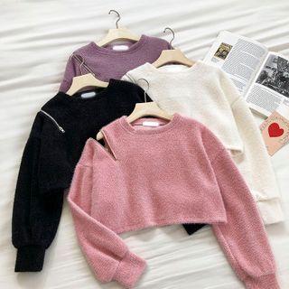 Plain Crewneck Zip Off-shoulder Long-sleeve Sweater