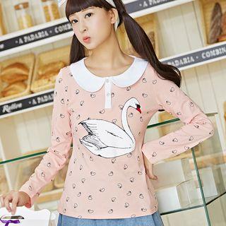 Peter Pan Collar Swan Print Long-sleeve T-shirt