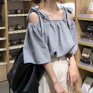 Cold-shoulder Tie-strap Elbow-sleeve Blouse