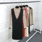 Set: Striped Mock Neck Long Sleeve Knit Top + Plain Knit Pinafore Dress