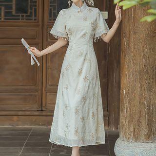 Short-sleeve Faux Pearl Trim Lace Qipao