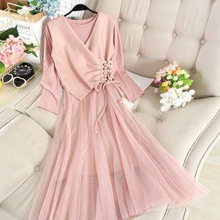 Set: Sleeveless Midi A-line Mesh Dress + Asymmetric Lace-up Vest