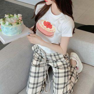 Short-sleeve Bear Print T-shirt / Plaid Straight Leg Pants