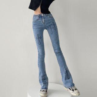 Mid Rise Cross Print Bootcut Jeans